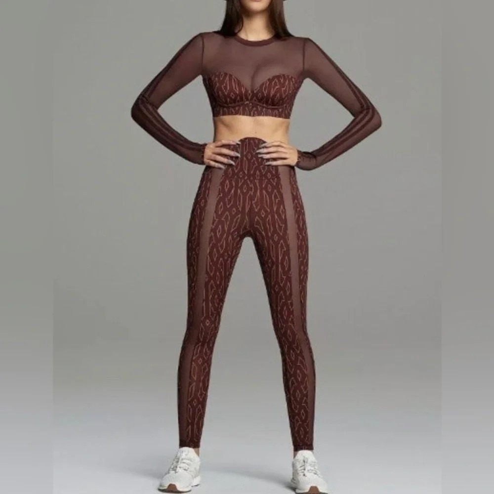 Adidas X Ivy Park 2 Piece Set Mesh Crop Top Leggings Size XS Wild Brown Sporty